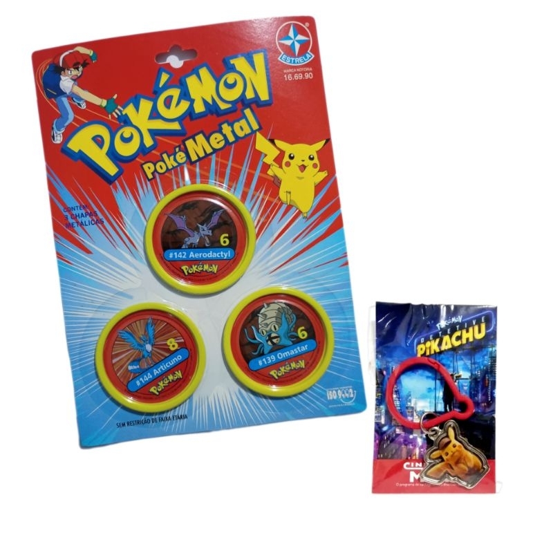 kit brinquedo jogo chaveiro pokémon pokemetal omastar #139 aerodactyl #142 articuno #144 estrela nintendo tcg Cinemark