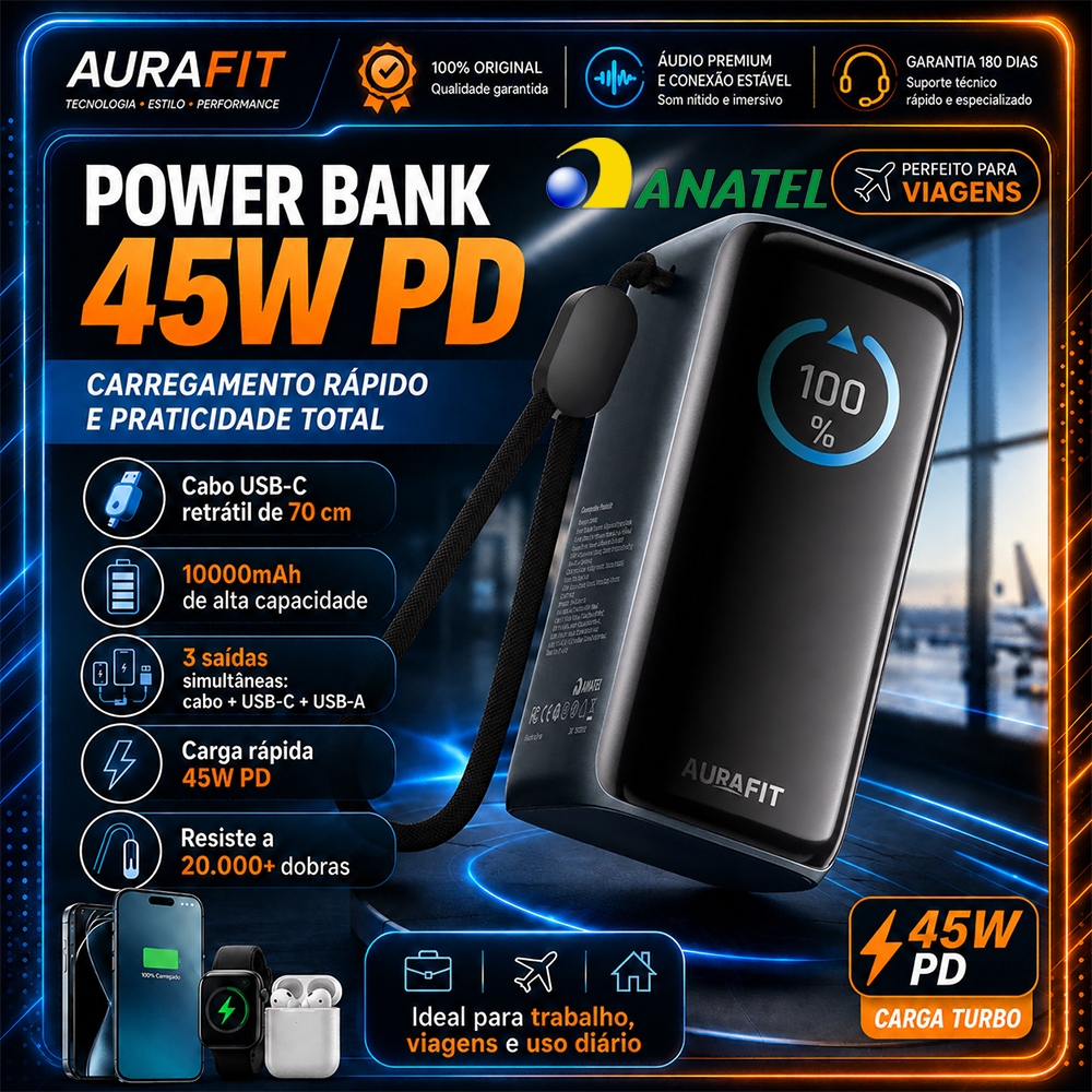 AURAFIT Power Bank Ignífugo Grafite PB0102 45W PD 10000mAh Cabo Retrátil