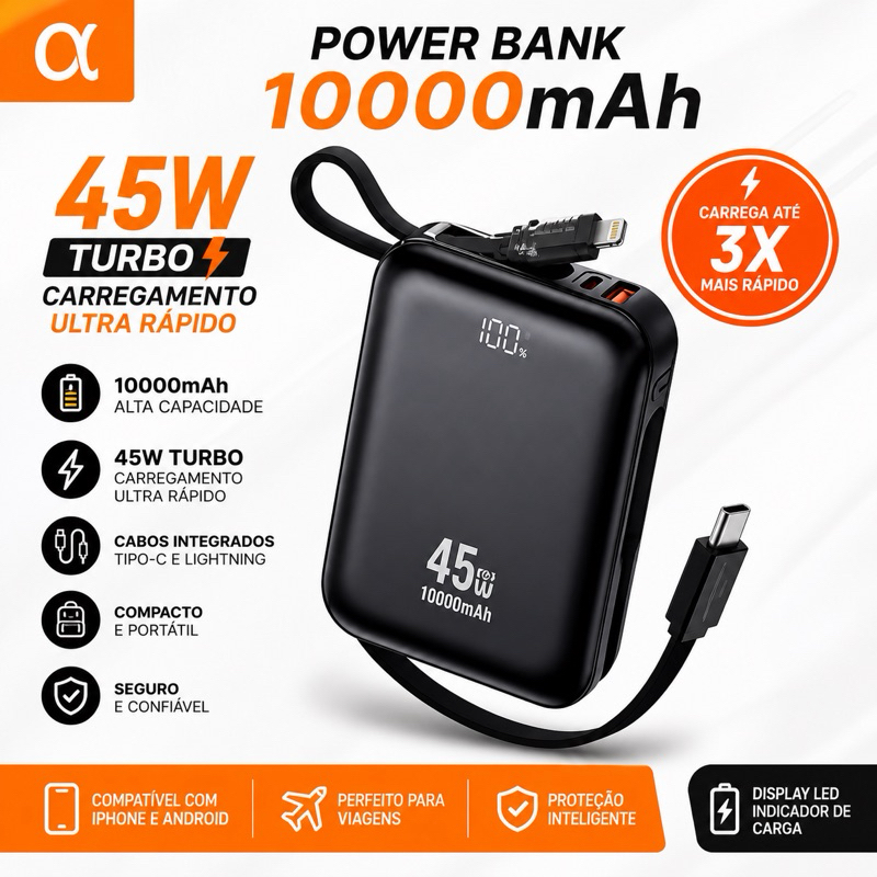 Power Bank 10000mAh 45W Carregamento Rápido Com Cabos Integrados