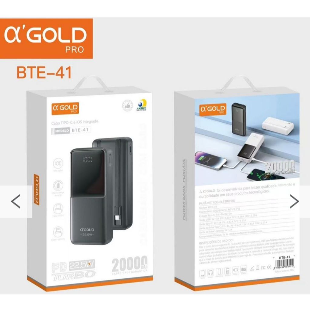 Carregador Portátil BTE-41 Power Bank 20000 Universal A'Gold