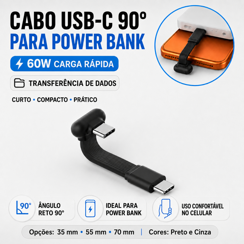 Cabo USB-C para USB-C 90° Hagibis Curto PD 60W 3A 480Mbps Power Bank iPhone 15 16 17 Samsung Android