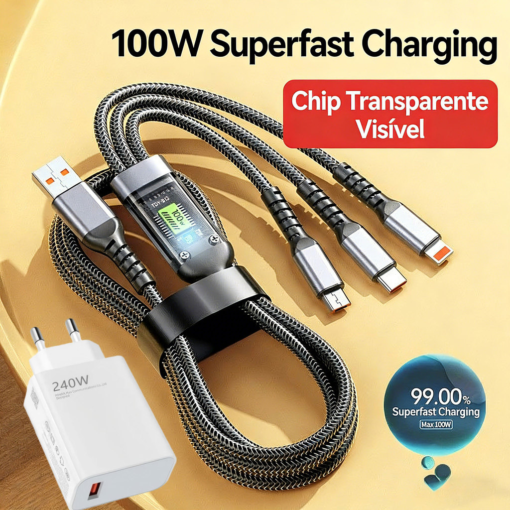 Kit Carregador100W Carregamento Rápido USB 3IN1 Cabo De Dados De Para iPhone Android Tipo C Carregador ICelular