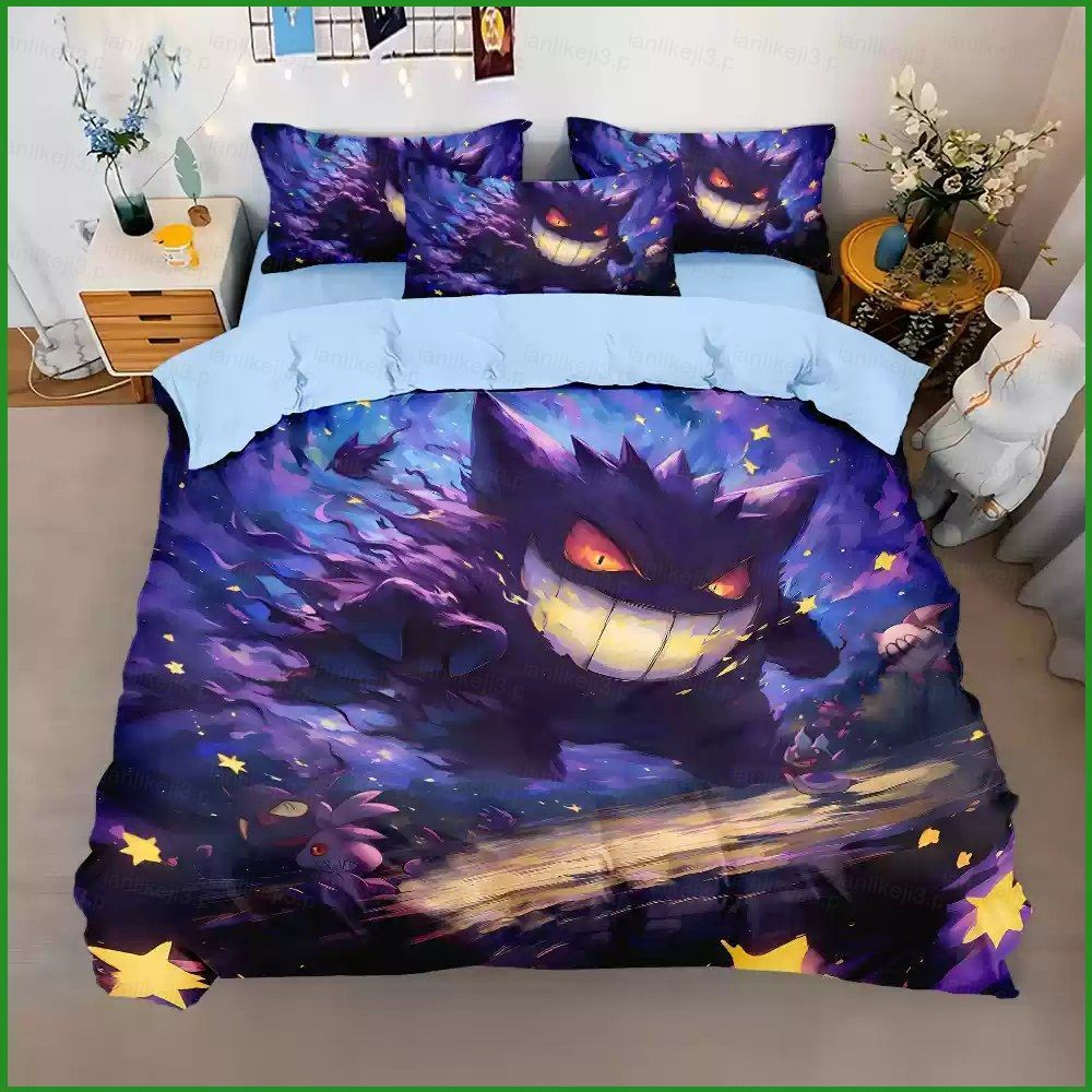 QL3 Pokémon Gengar 3IN1 Lençol Capa De Edredão Fronha Conjunto De Cama Casa Quarto Lavável Anime Terno