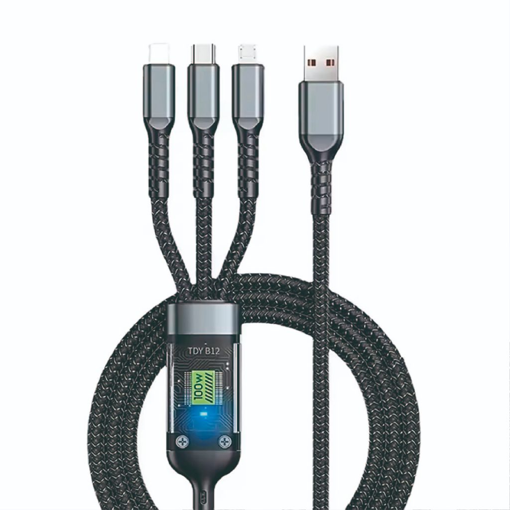 Cabo Turbo 100W UNIVERSAL 3IN1 TRANÇADO LIGHTNING Tipo C V8 Compatível p/Todos Celulares