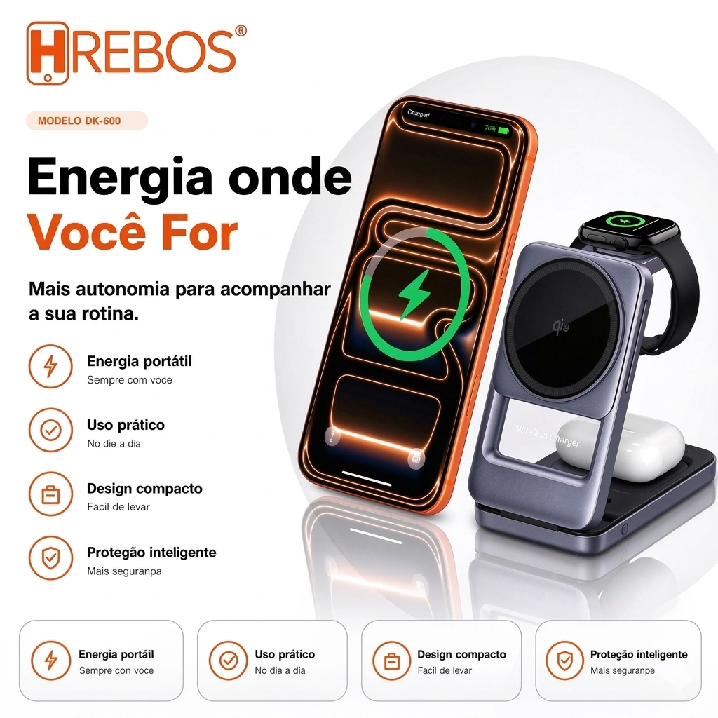 HREBOS 3in1 Base de carregamento multifuncional dobrável Carregamento de 15 W para todos os dispositivos simultaneamente