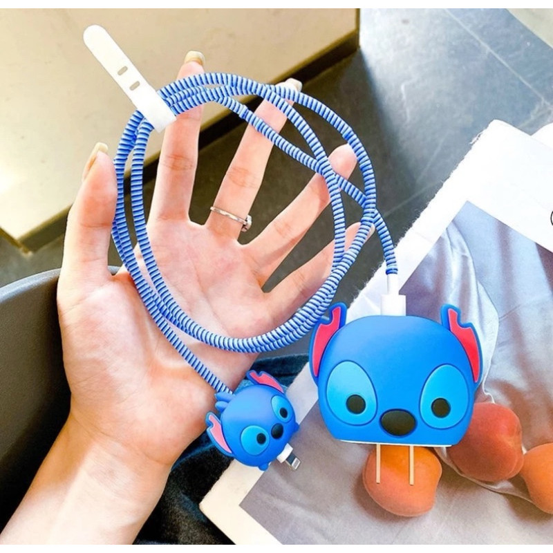 Kit 3 Peças Protetor de Cabo e Carregando Fonte Lilo e Stitch Personagem Animado Disney
