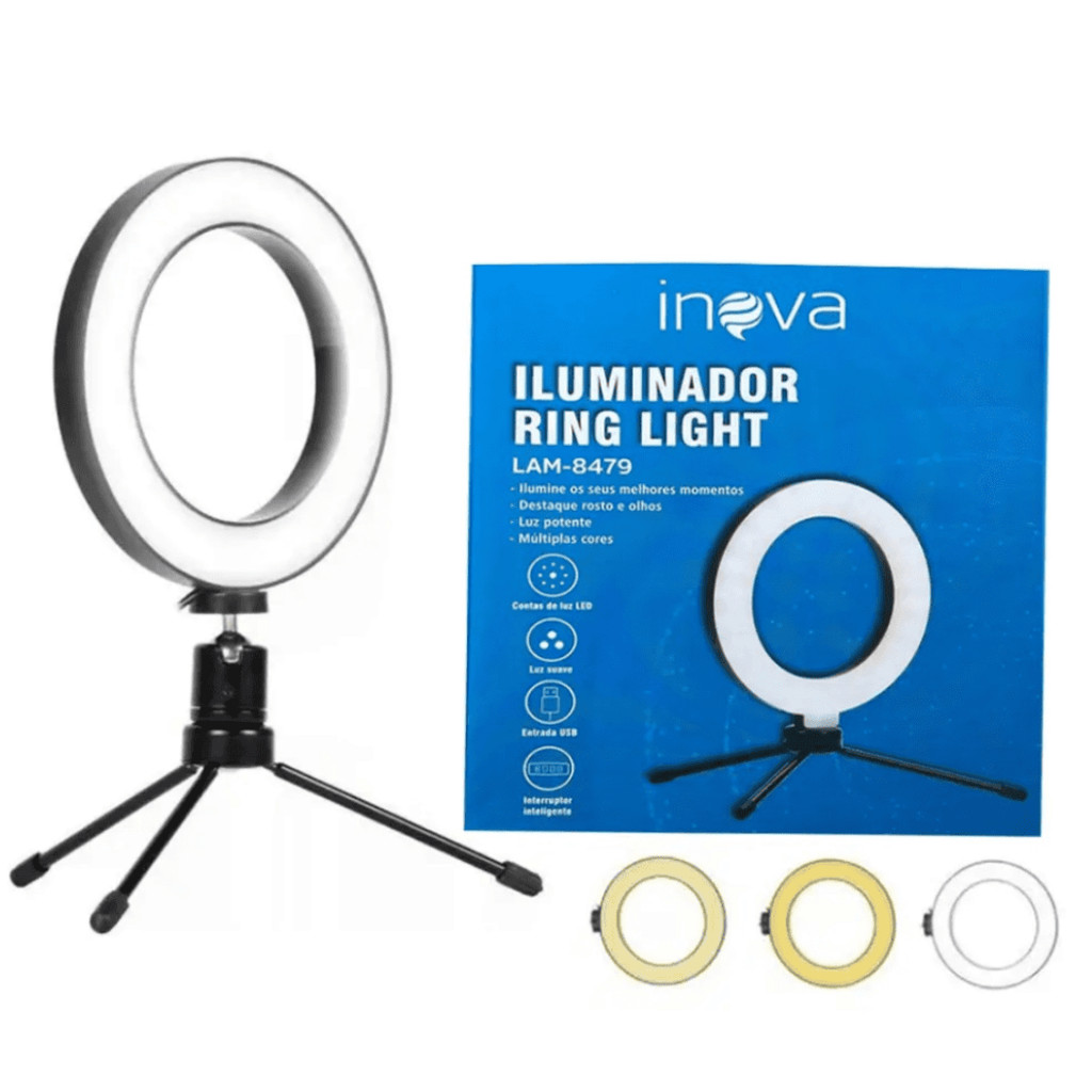 Ring light de mesa portátil luminária de led 6 polegadas + tripé de 16 cm right inova
