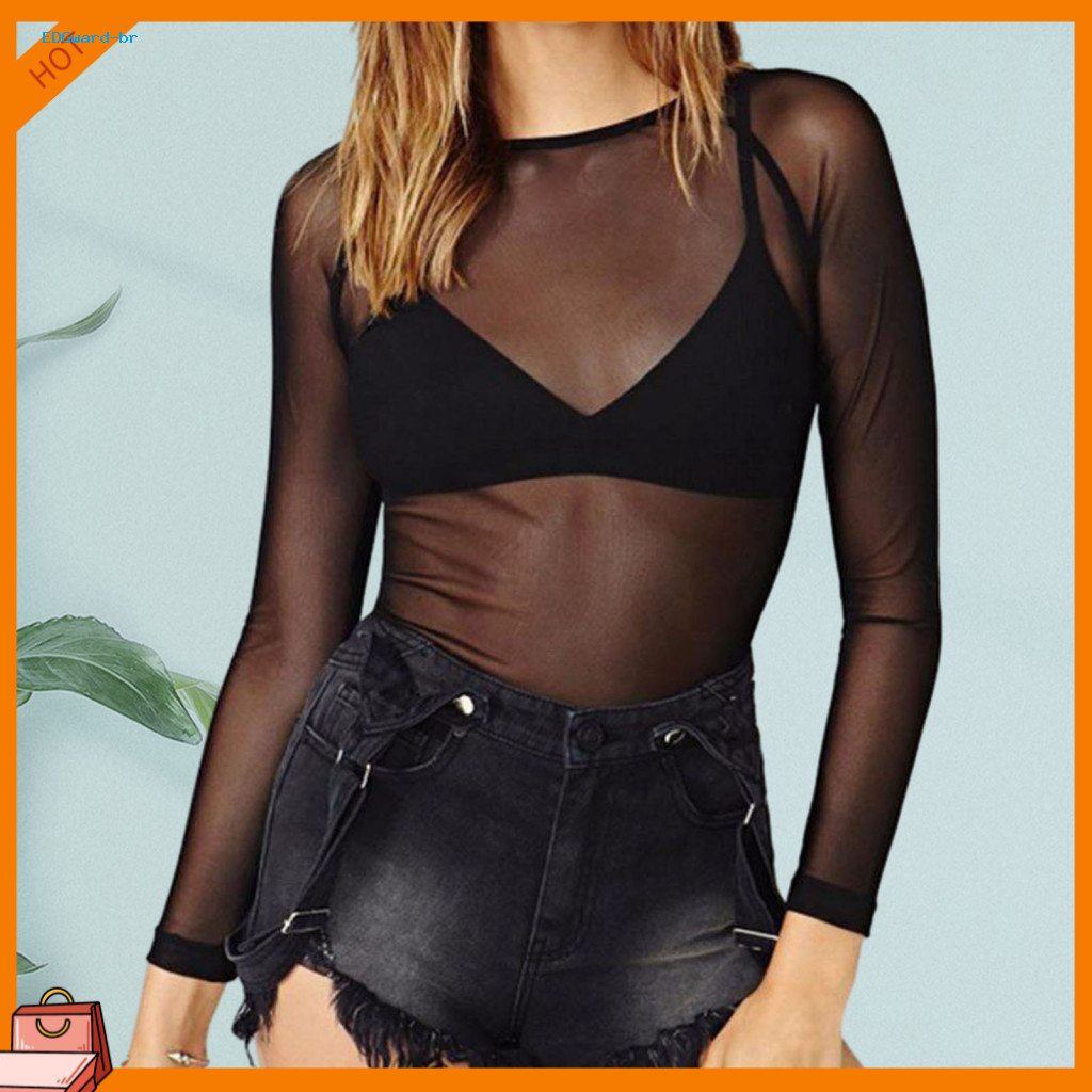 Women Long-sleeve Top Elastic Mesh Women’s See-through Long Sleeve Ultrathin Breathable Round Neck Pullover Slim Fit S