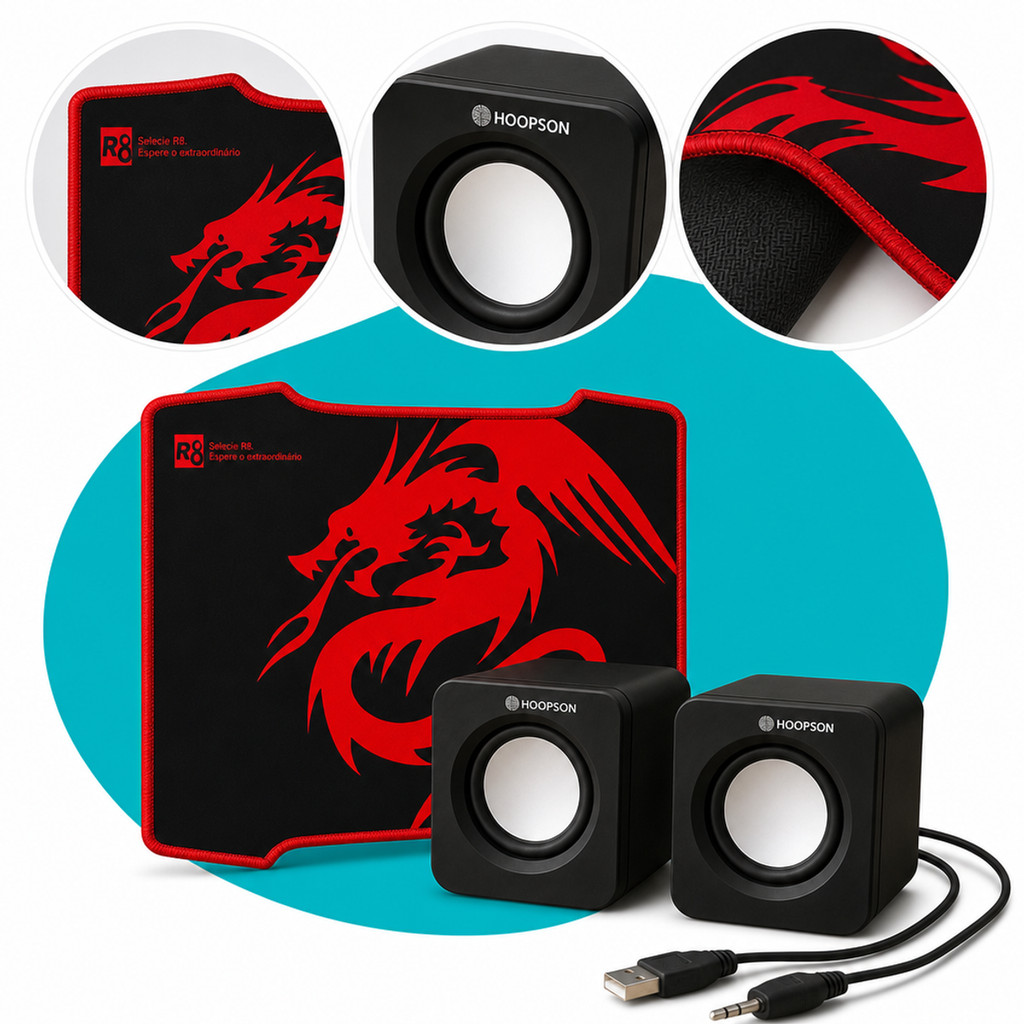 Kit Gamer Mouse Pad R8 M01 com Superfície Speed Bordas Costuradas e Design Dragão Vermelho Mais Caixa de Som USB 4W com