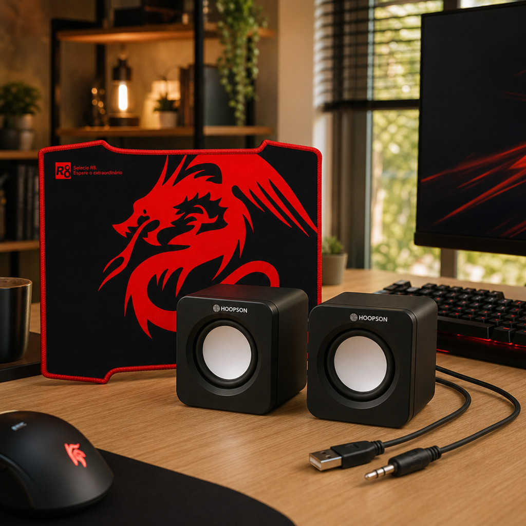 Hoopson Kit Gamer Mouse Pad com Superfície Speed Estampa Dragão Vermelho Base Antiderrapante Caixa Som USB 4W Compacta e