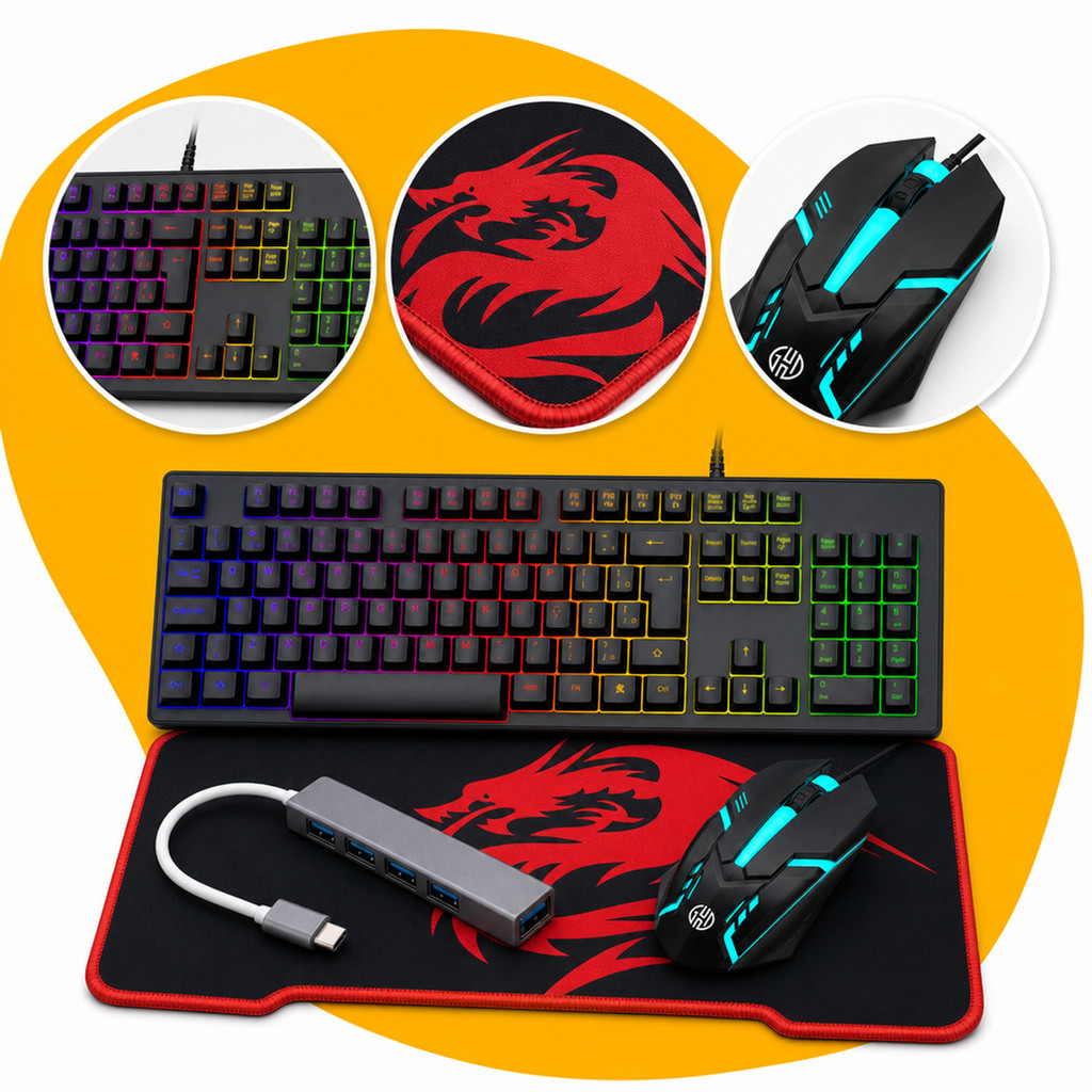 Kit Gamer Preto com Mouse Pad Speed Hub USBC 4 portas Teclado ABNT2 RGB resistente Antiderrapante