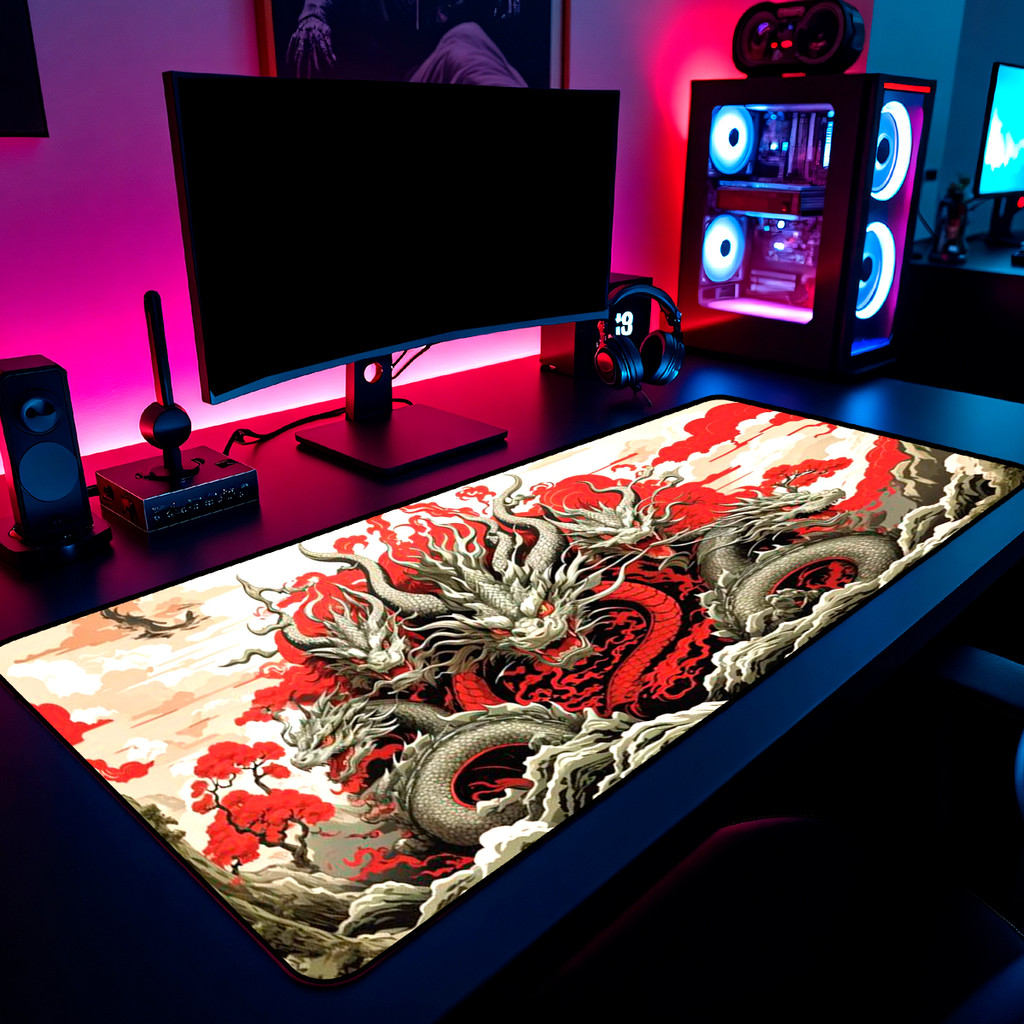 Mouse Pad Gamer Dragão Oriental Multi-Cabeças 65x30cm 80x40cm 90x50cm 120x60cm Borda Costurada