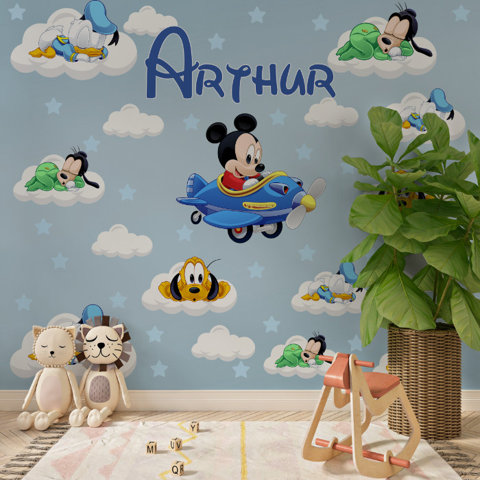 Papel de Parede Mickey Mouse Personalizado com Nome - Adesivo Decorativo Autocolante