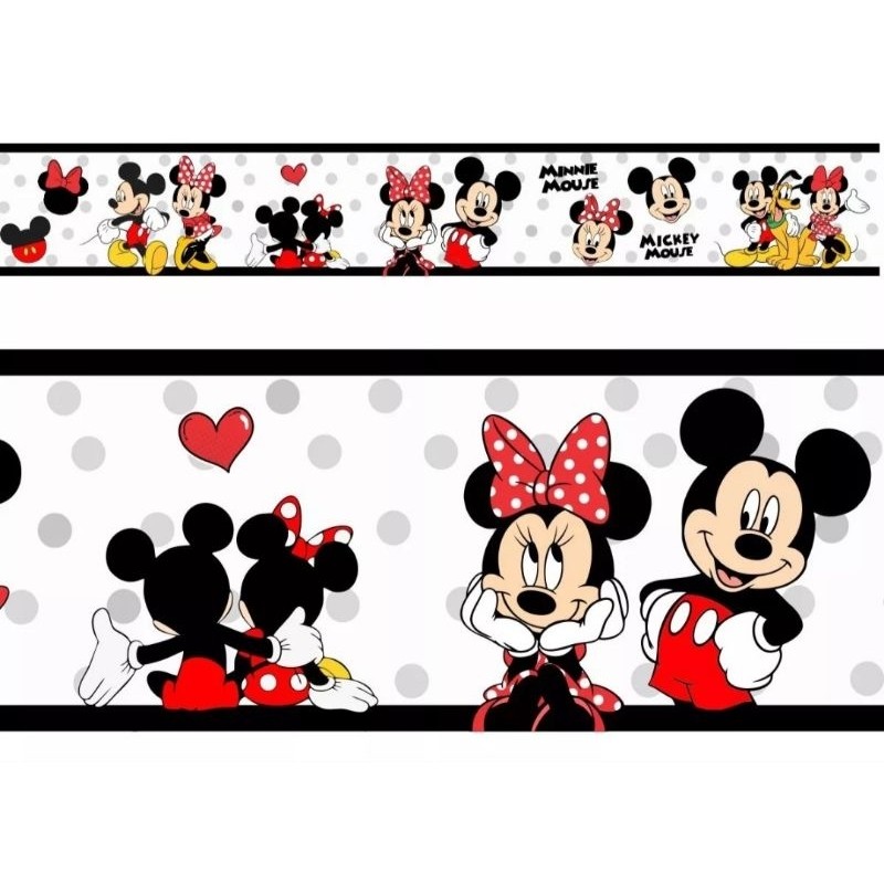 Kit 2 Faixas Decorativas Adesivas Mickey E Minnie Mouse Apaixonados Borda Preta Fofo Decoração