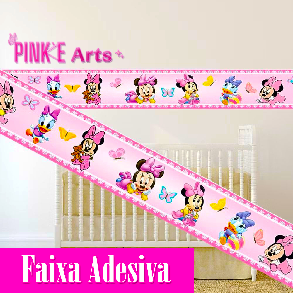 FAIXA DECORATIVA FAIXINHA AUTOCOLANTE TURMA DA MINNIE MOUSE BABY COR DE ROSA DECORAÇÃO QUARTO MENINA