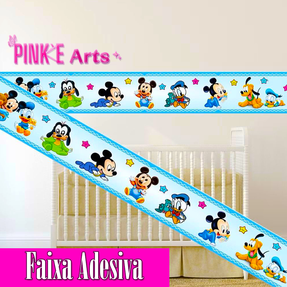 FAIXA DECORATIVA FAIXINHA AUTOCOLANTE TURMA DO MICKEY MOUSE BABY COR AZUL QUARTO INFANTIL MENINO