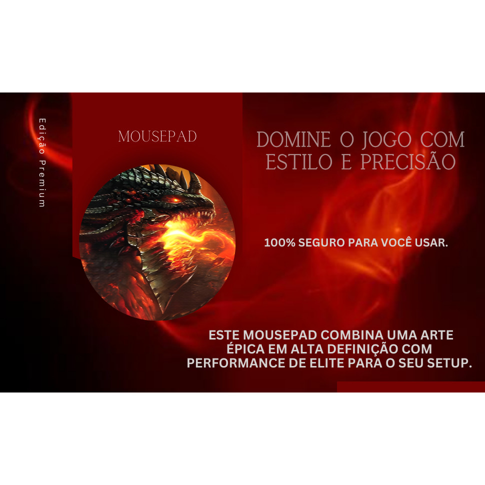 Mousepad Gamer Grande 70x35cm Speed 3mm Antiderrapante Borda Costurada Premium Dragão de Fogo
