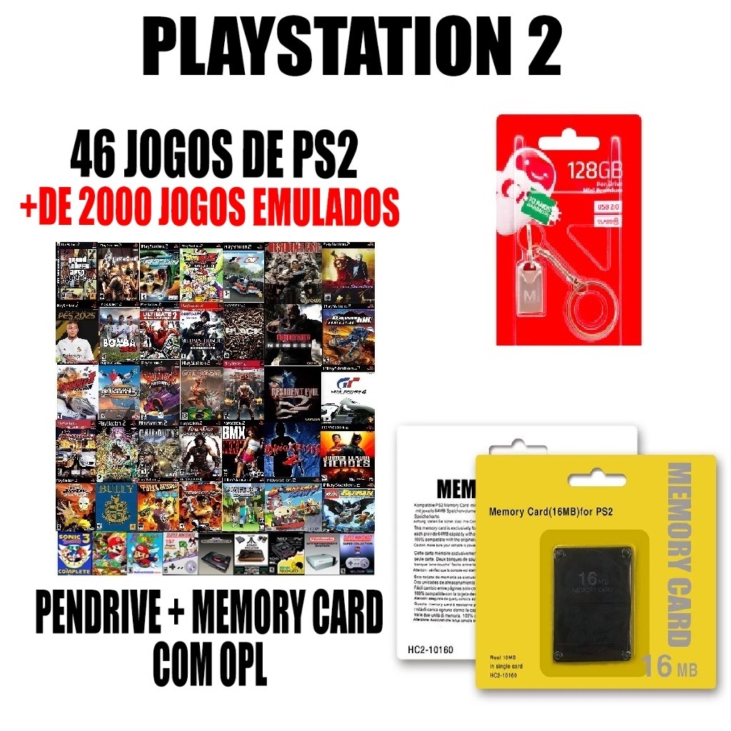 Cartão de memória Ps2 com Opl + Pen Drive 128gb com 1000 Jogos