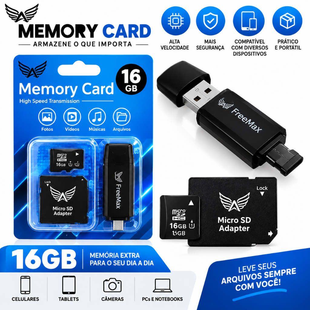 Cartão de Memória com Adaptador SD e USB 8GB/16GB/32GB/64GB Para PC/Celular/Câmeras de Segurança