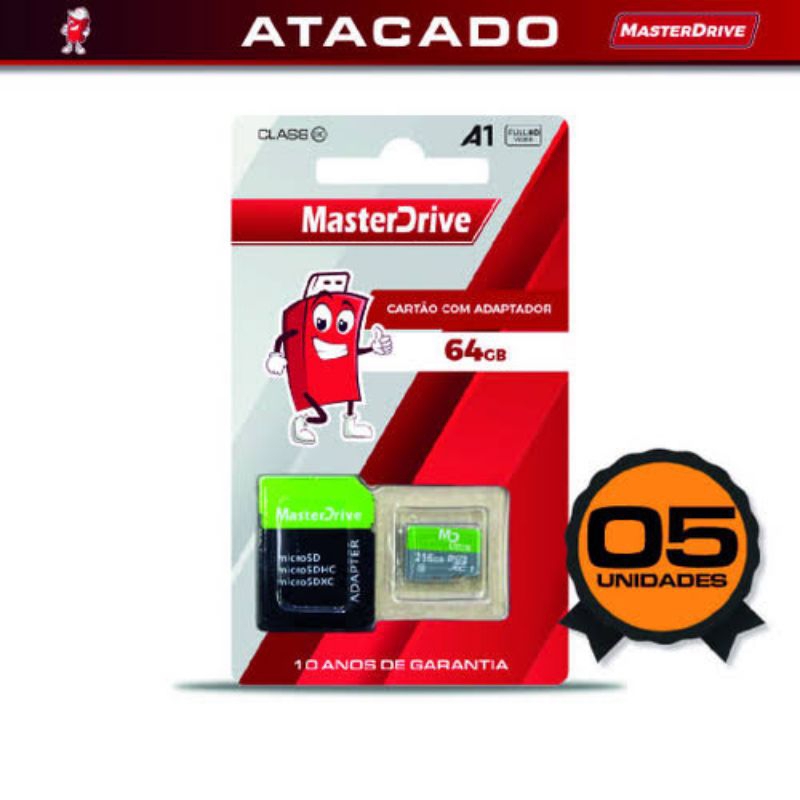 5 Cartão de Memória 64GB MicroSD Atacado Ultra Rápido MasterDrive Original Classe 10 Com Adaptador celular camera