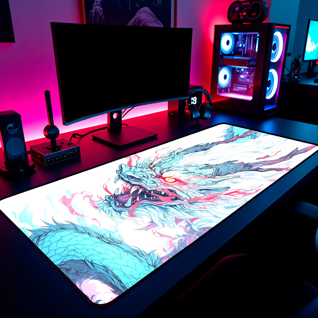 Mouse Pad Dragão Azul E Rosa Art Gamer 65x30cm / 80x40cm / 90x50cm / 120x60cm Borda Costurada