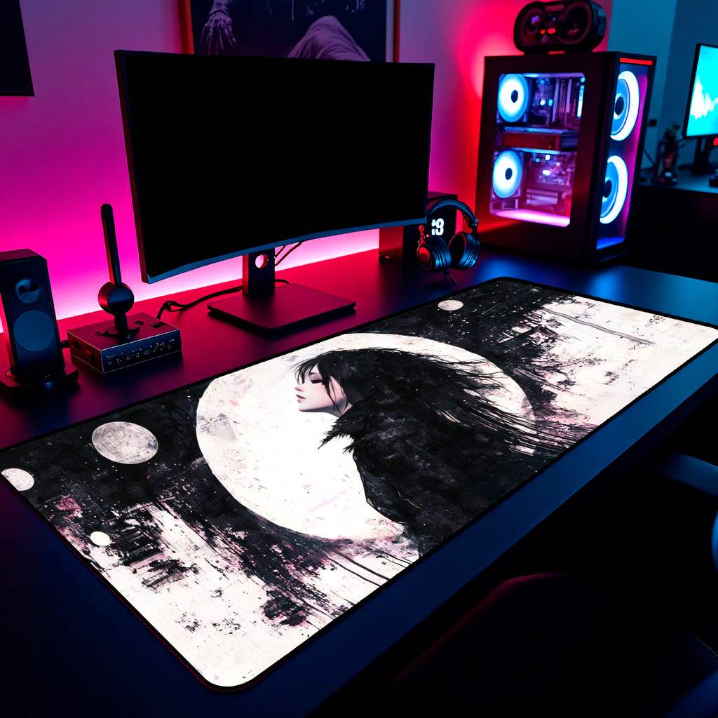 Mouse Pad Gamer Girl Gothic Moon Art 65x30cm 80x40cm 90x50cm 120x60cm Borda Costurada