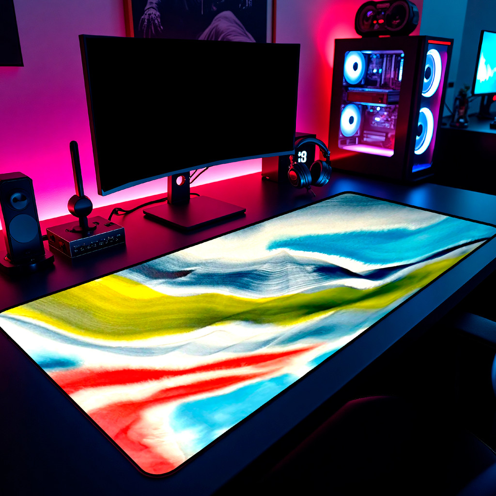 Mouse Pad Gamer Fluid Art Abstrato Azul Verde 65x30cm 80x40cm 90x50cm 120x60cm Borda Costurada