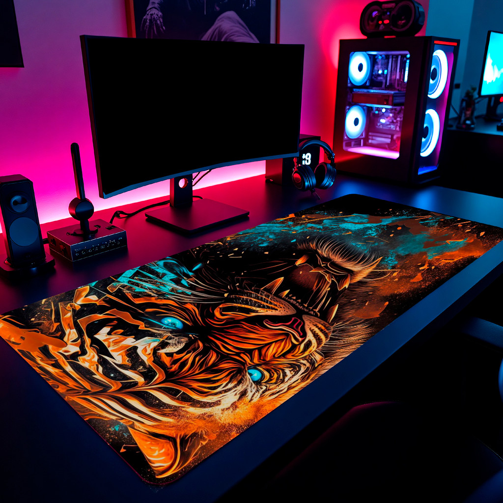 Mouse Pad Tigre De Fogo Wild Art Gamer 65x30cm / 80x40cm / 90x50cm / 120x60cm Borda Costurada