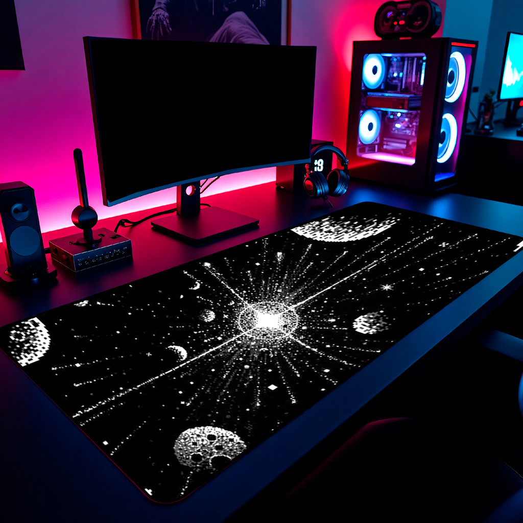 Mouse Pad Gamer Galaxia Pixel Art Estrelas 65x30cm 80x40cm 90x50cm 120x60cm Borda Costurada