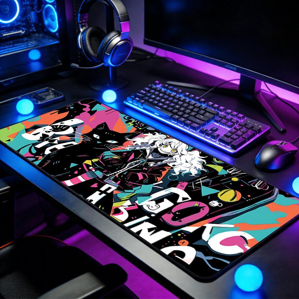 Mouse Pad Gamer 80x30cm Gato Preto Grafite Street Art Tapete de Mesa Antiderrapante Borda Costurada Base Borracha para