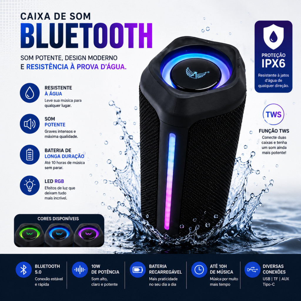 Caixa de Som Bluetooth Portátil À Prova D'agua 15W BASS - ( Cores Sortidas)