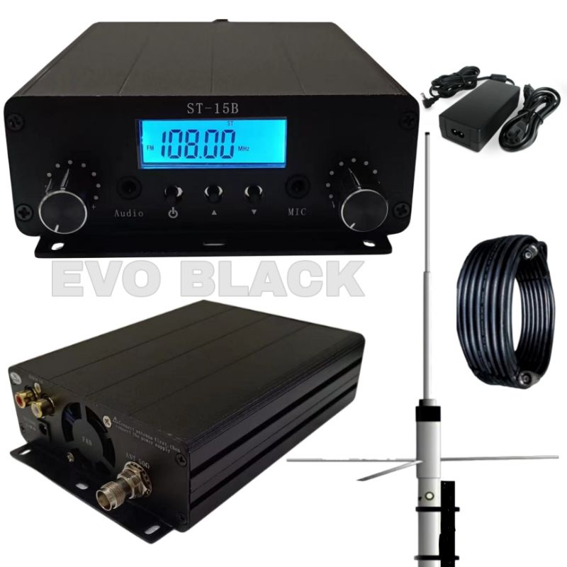 transmissor FM  15w para rádios comunitárias e eventos som automotivo completo envio imediato cze 15b evo Black