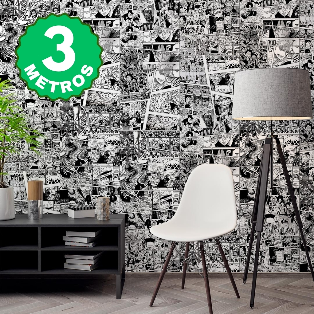 Papel de Parede Adesivo One Piece Preto e Branco Quadrinhos Manga Quarto Gamer Lavável 3 Metros