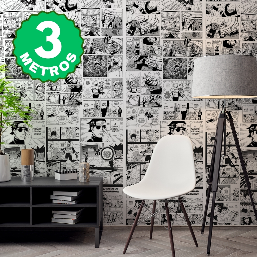 Papel De Parede Adesivo Naruto Quarto Otaku Preto e Branco Manga Infantil Gamer 3 Metros Lavável