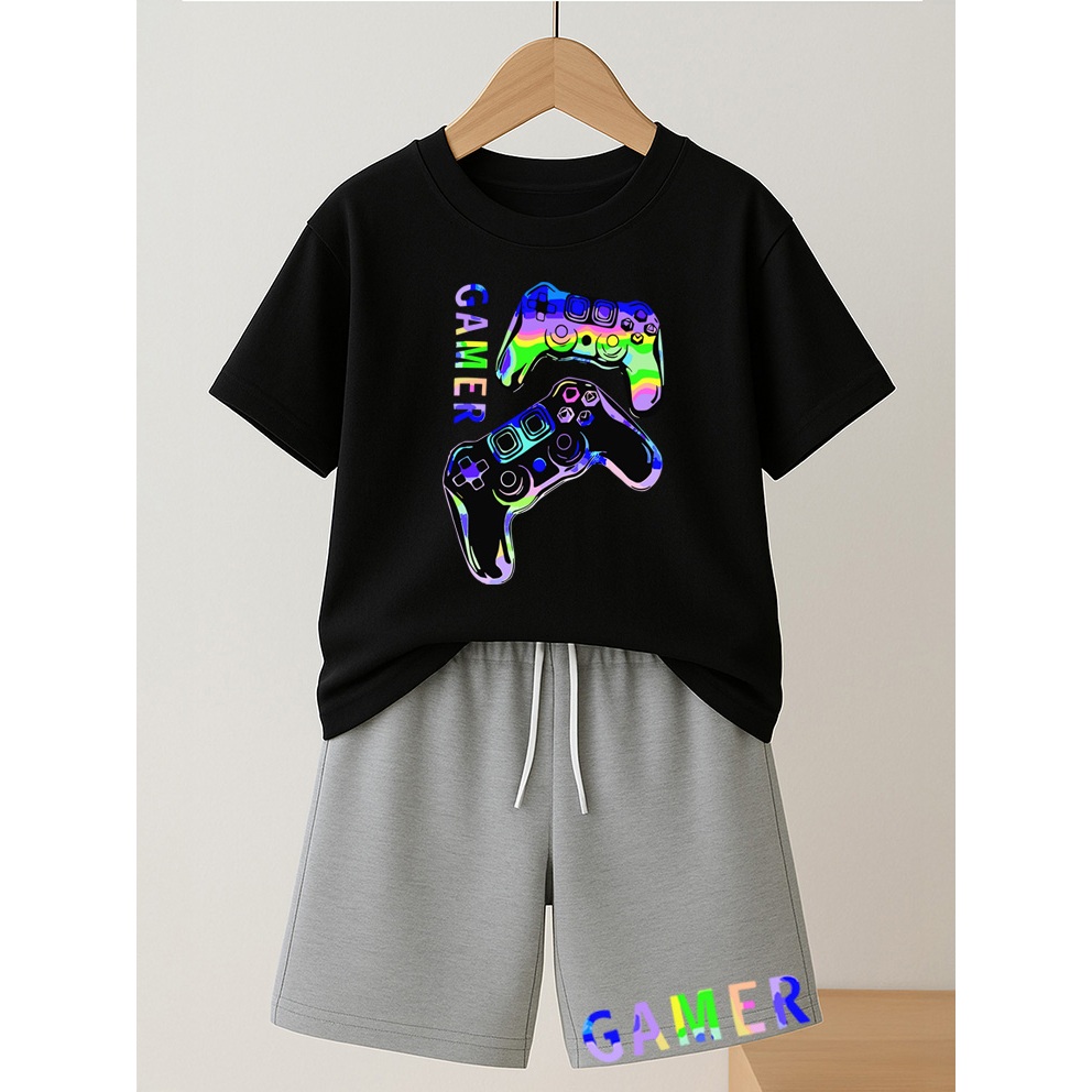 Conjunto Gamer Roxo Preto e Cinza 100% Algodão Juvenil e Infantil Streetwear