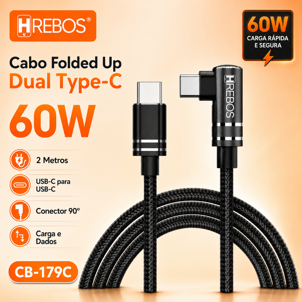 Cabo Gamer Usb C para Usb C 90° Hrebos Macho/Macho 2 Metros Preto