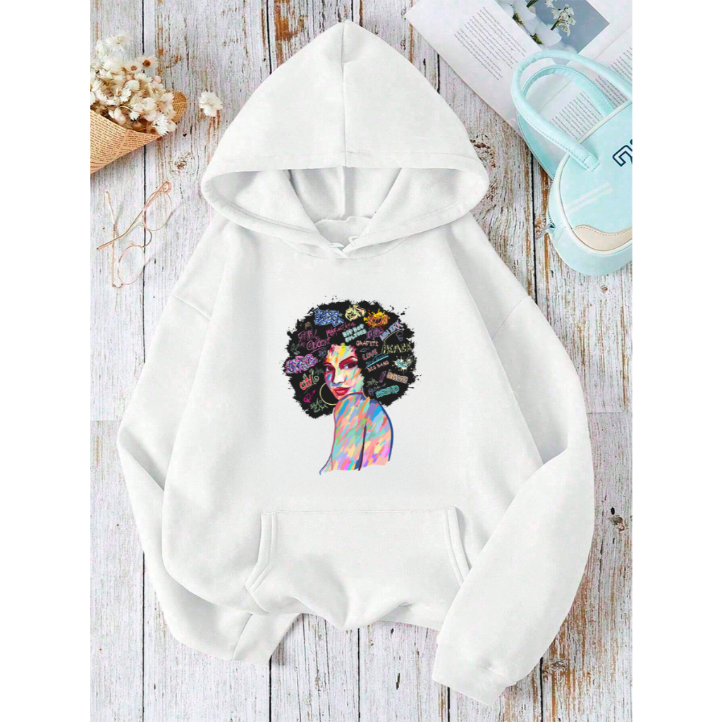 Blusa de Frio Blusa Moletom Feminino Casaco Flanelado Capuz Bolso Canguru Black Power