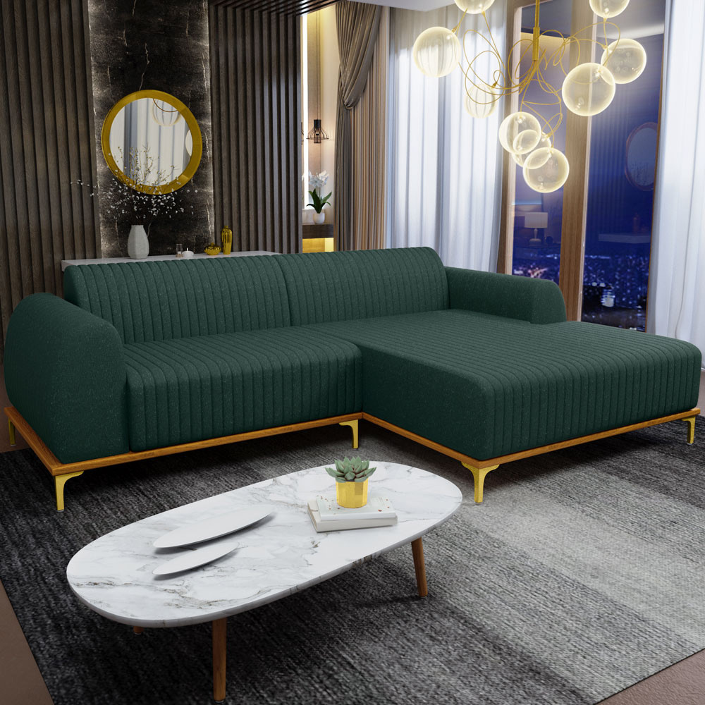 Sofá 3 Lugares com Chaise Direito Sala de Estar Molino 245cm D02 Linho Verde Musgo C117 - Lyam Decor