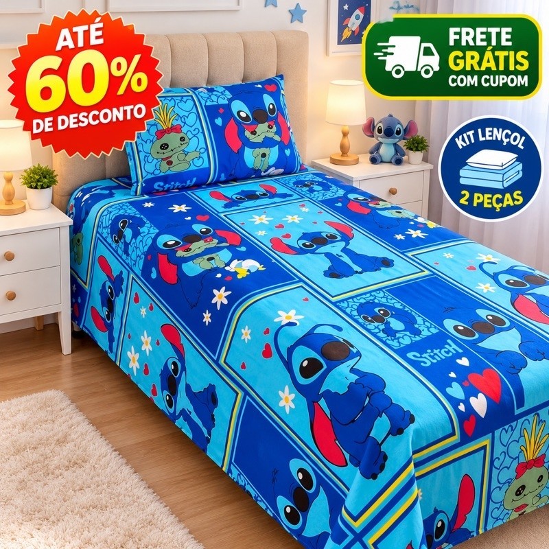 Kit Lençol Infantil Solteiro Com Fronha Stitch Frozen Disney Toque de algodão