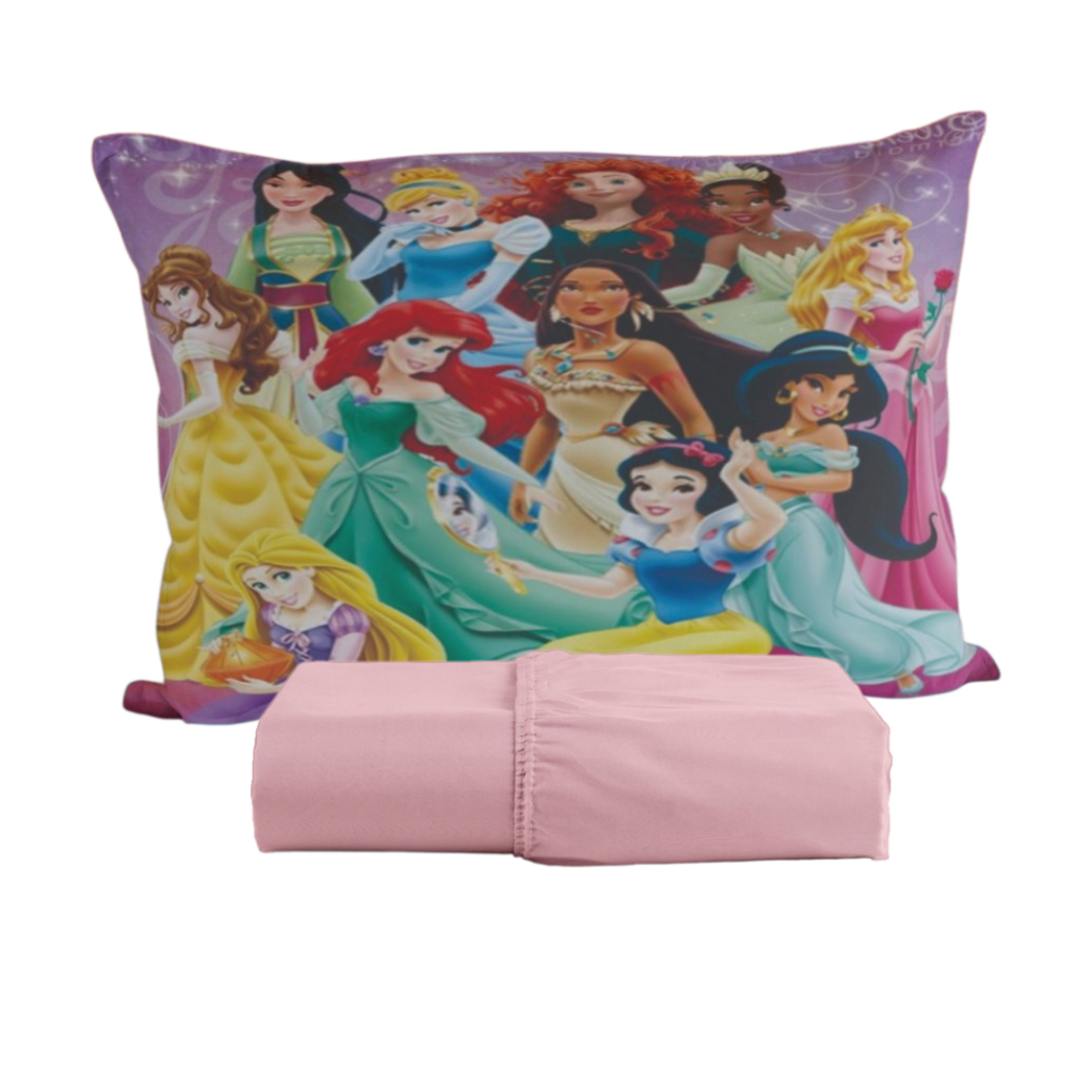 Jogo de Lençol Solteiro 2 Pçs Fronha Estampada Princesas Disney 70 x 50 cm Personalizada Micropercal