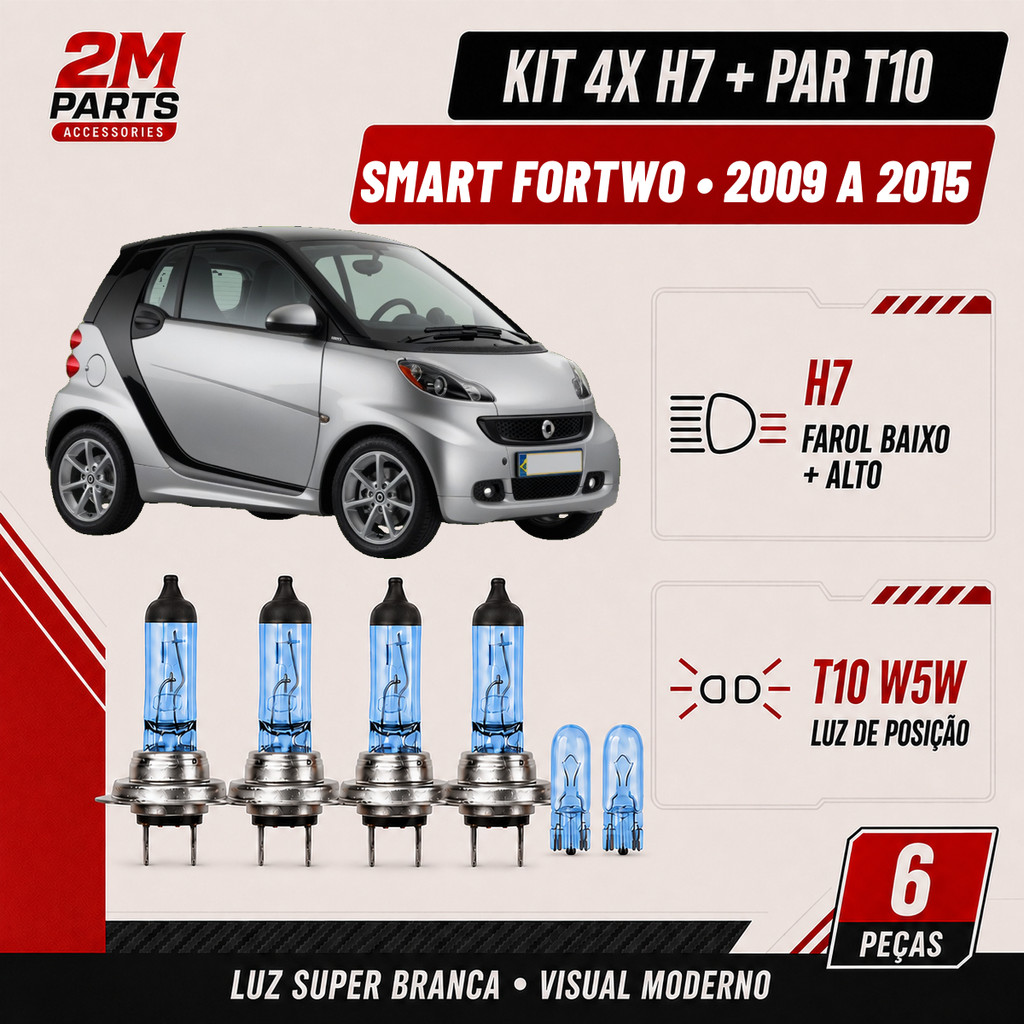 Kit 4 Lâmpadas H7 Super Branca e Pingão T10 para Smart Fortwo 2009 a 2015