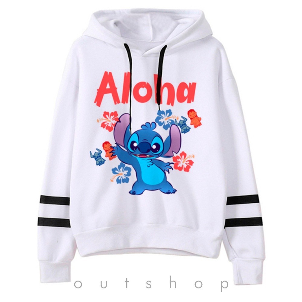 Moletom Stitch Aloha Ohana Blusa de Frio LILO & STITCH Disney Casaco Branco Havaí Cartoon Anime Colorido Envio Imediato