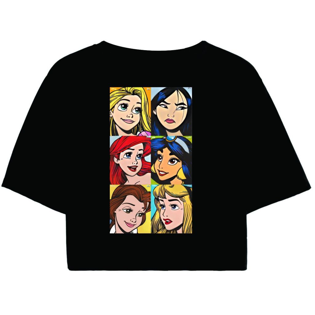 Cropped Feminino Preto Tumblr blogueira Disney Princesas Cartoon Enrolados Ariel Bela Desenho feminina manga curta