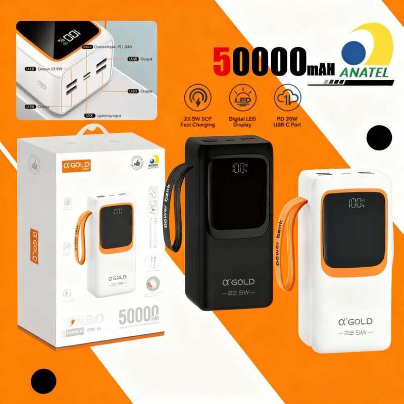 Carregador Portátil A'gold 50000mAh - 22.5W Power Delivery com LED BTE-61