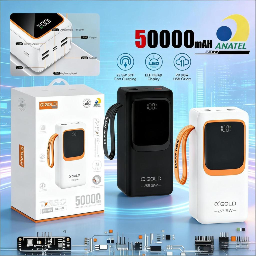 Carregador Portátil A'gold 50000mAh - 22.5W PD e Luz LED para Uso com Smartphones e Tablets BTE-61
