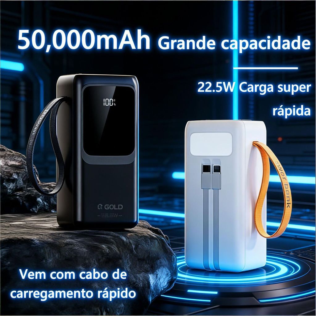 Carregador Portátil A'gold 50000mAh – Bateria de Longa Duração com PD Rápido, Cabos Inclusos e LED