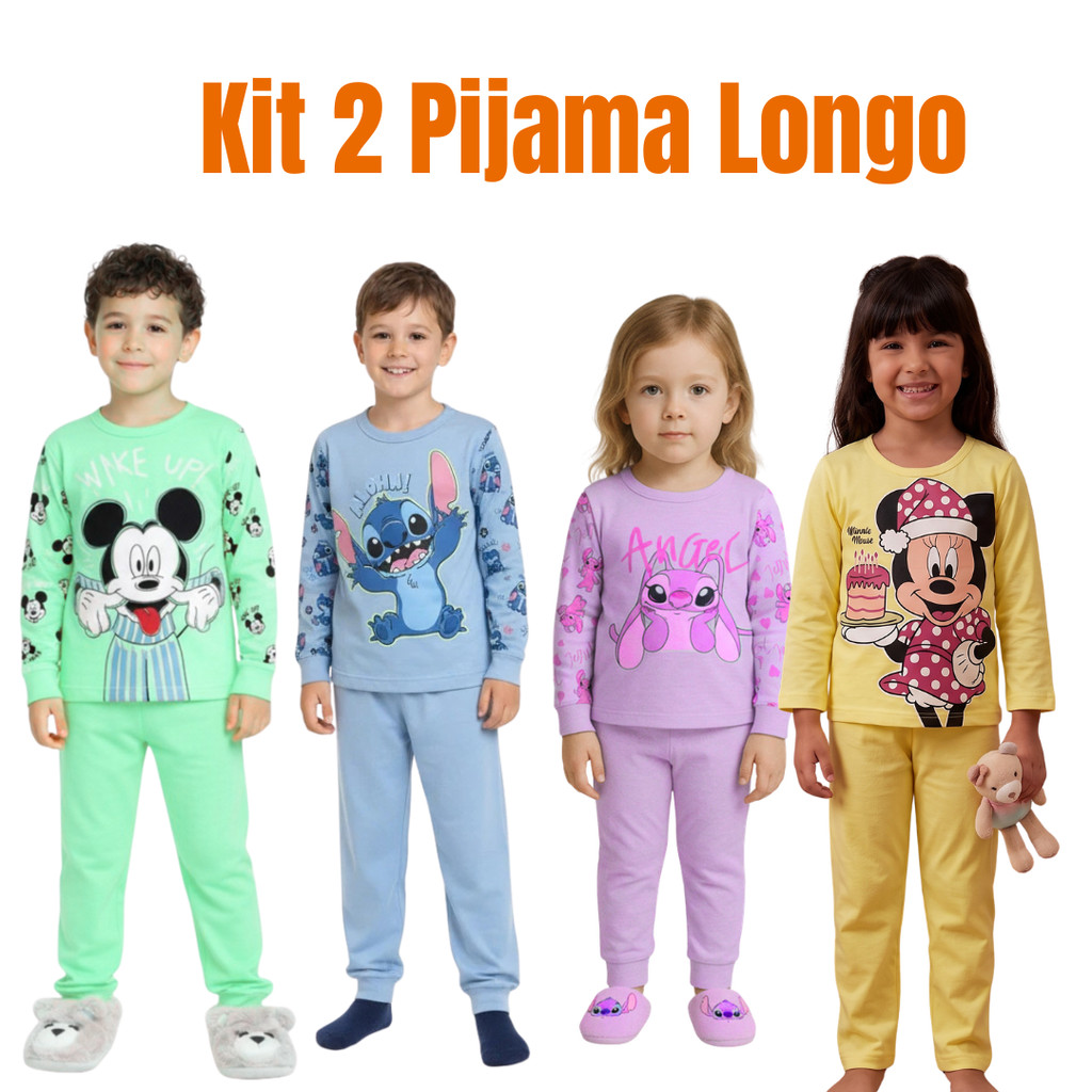 Kit 4 Peças Pijama Brilha no Escuro Personagens Manga Longa Menino e Menina Infantil Mickey Aranha Stitch Minnie Inverno
