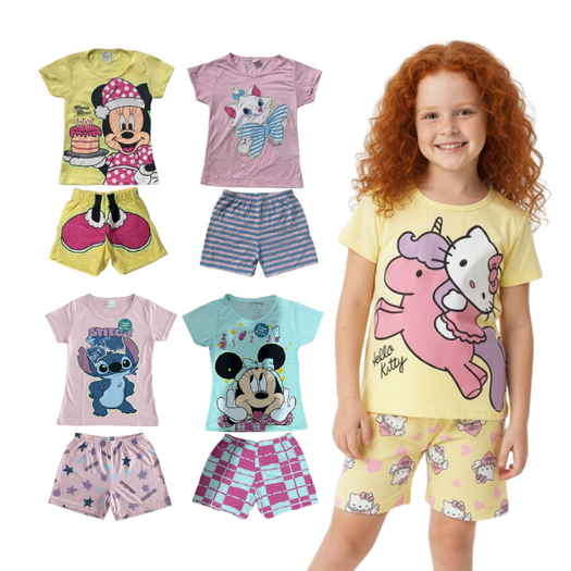 Kit Pijama 6 Peças Menina Infantil Brilha no Escuro Confortavel Personagens Stitch Minnie Mickey