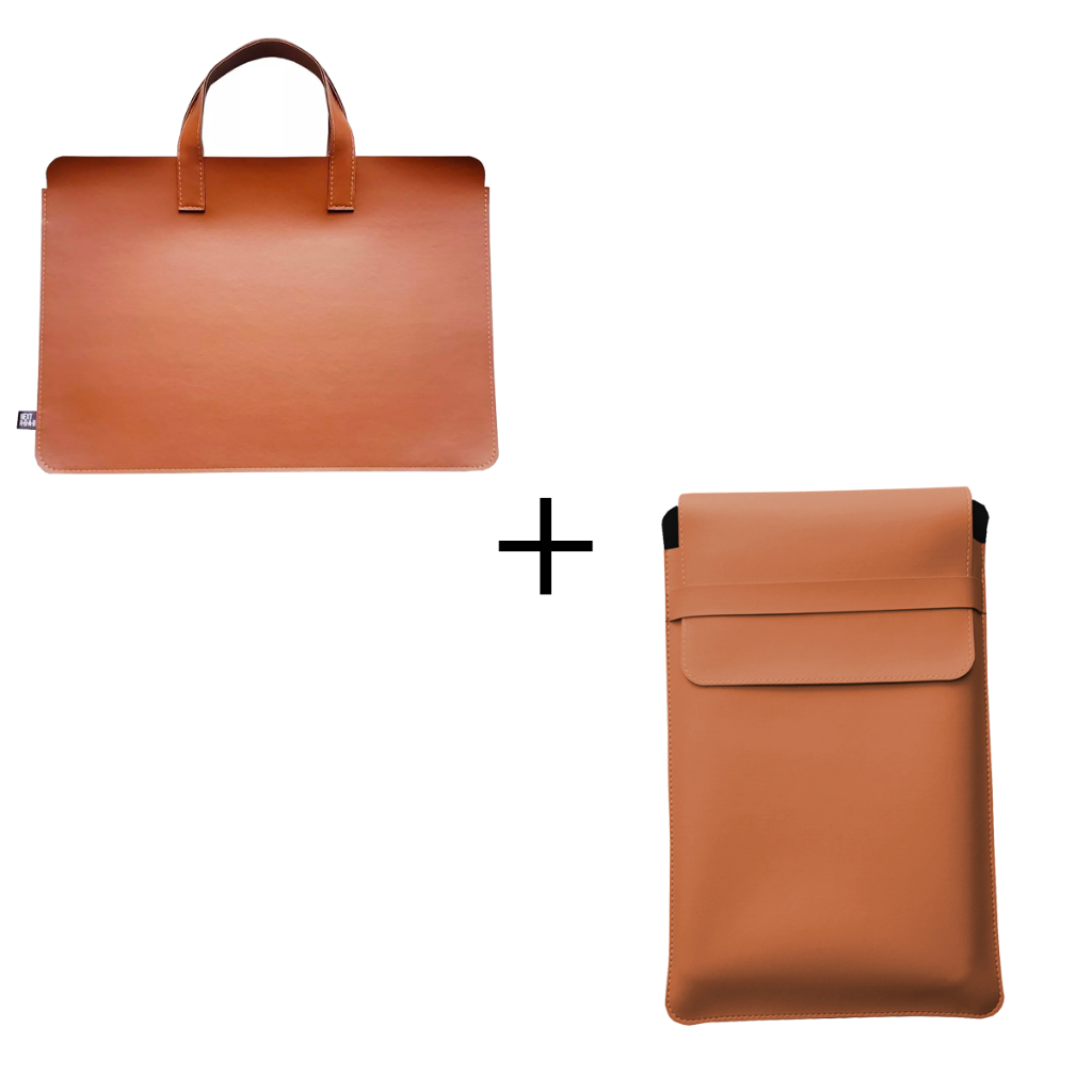 Sacola mais Pasta para Notebook em Couro Ecológico Caramelo