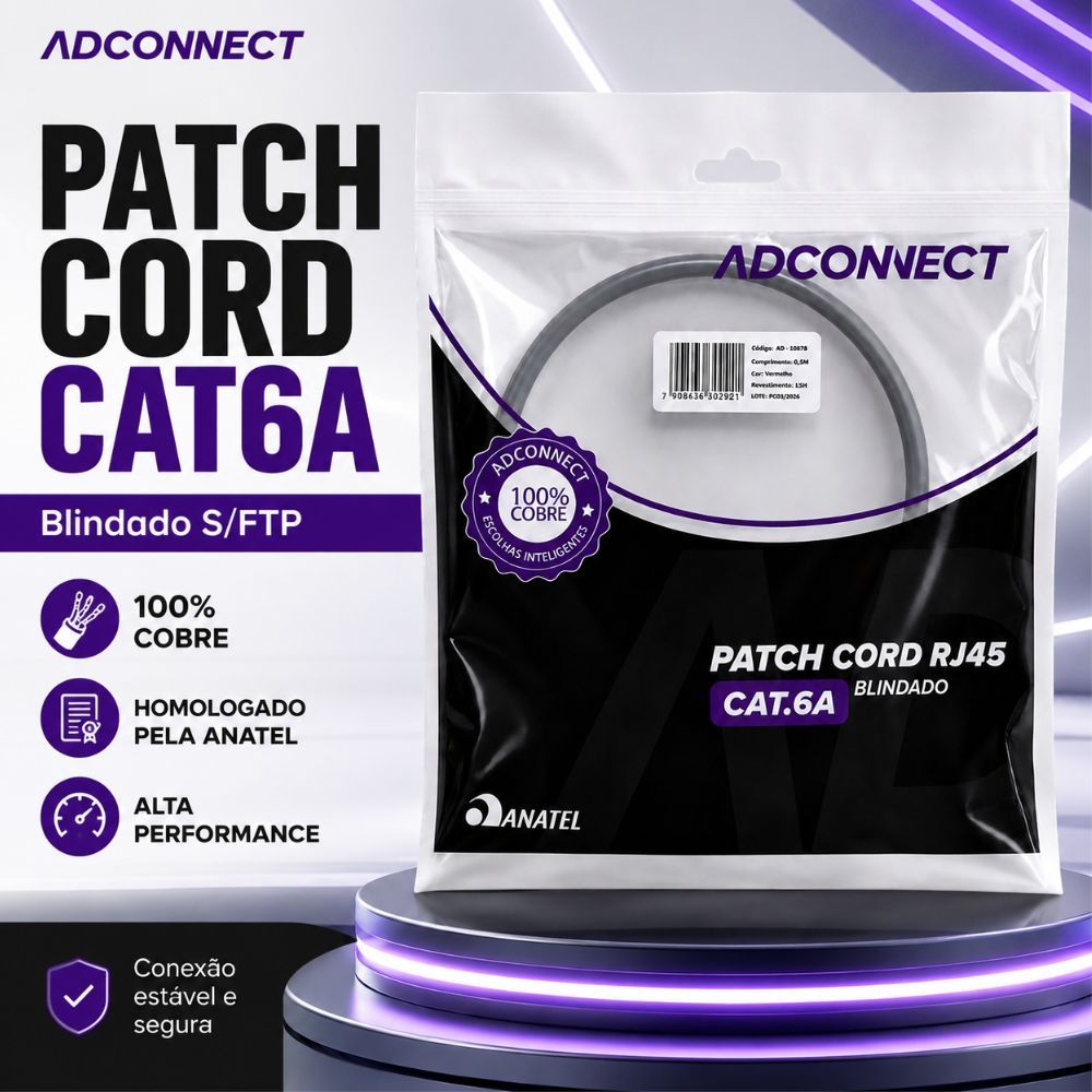 CABO CAT6A BLINDADO S/FTP 100% COBRE ANATEL AD CONNECT 0,5M 1,5M 2,5M
